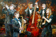 Stylish jazz band playing music on the scene, background is brown, painted in the expressive manner. Palette knife technique of oil painting and brush.