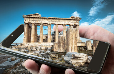 Wall Mural - Parthenon on Acropolis of Athens, Greece. Picture of Athens landmark on smartphone screen, amazing photography of Ancient Greek monument