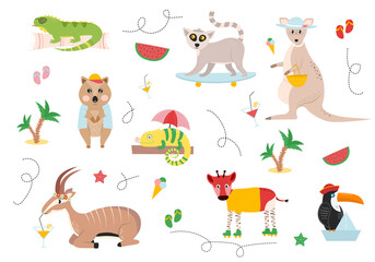  Illustration of animals on a summer vacation. Antelope drinks a drink, rolls of okapi, a toucan in a hat on a paper boat, a chameleon on a log under an umbrella, a crook in a shirt and a cap