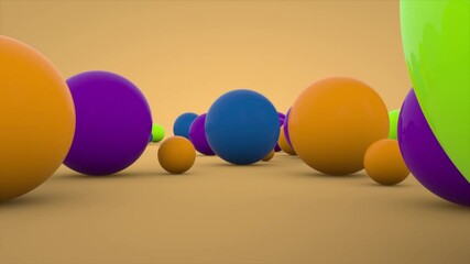 Poster - 3D animation of many colored spheres that fall and roll on the surface. Abstract 4K animation.