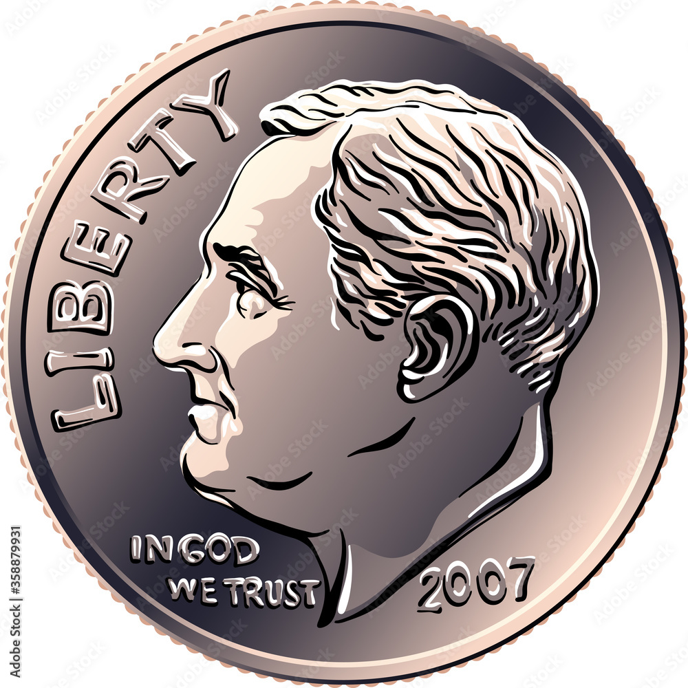 American money Roosevelt dime, United States one dime or 10-cent silver  coin with President Franklin D Roosevelt on obverse 스톡 벡터 | Adobe Stock