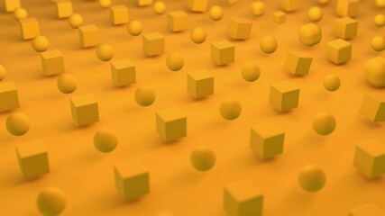 Poster - 3D rendering of a geometric background of yellow cubes and spheres. The shape of the elements changes and is restored. Abstract 4K animation for the desktop.