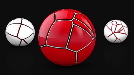 Poster - 3D rendering of an abstract red sphere divided into segments and two white spheres in the background. Segments are constantly moving. The sphere retains its shape and size. Futuristic design.