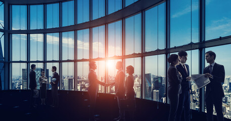 Poster - teamwork, office, business, global, city, businessman, management, handshake, human resources, diversity, group, team, people, cooperation, silhouette, lobby, meeting, conference, crowd, success,