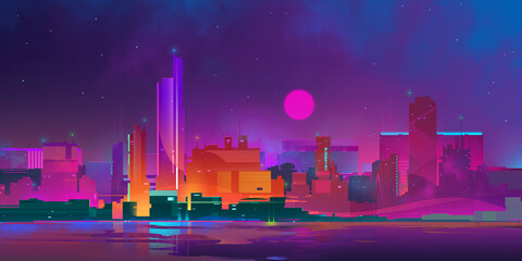 Wall Mural - painted bright colored city of the future at night