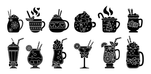 Christmas hot drink silhouette set. Black glyph flat cartoon different beverages. Holiday cute mugs hot cocoa, coffee, milk and mulled wine. New year drinks decorated holly, candy. Vector illustration