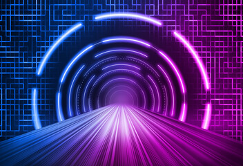 Poster - Neon fiber high-speed channel leading to the circuit board line texture background. Communication technology concept creative background.