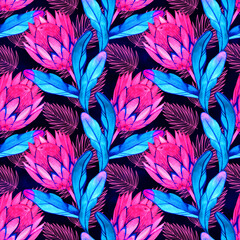 watercolor tropical protea flower pattern, Australian flower, bright colorful exotic pattern on a white background,pattern