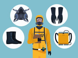 Wall Mural - biosafety worker with equipment elements for covid19 protection