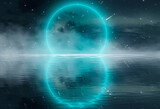 Fototapeta Na ścianę - Futuristic night landscape with abstract landscape and island, moonlight, shine. Dark natural scene with reflection of light in the water, neon blue light.  3d illustration