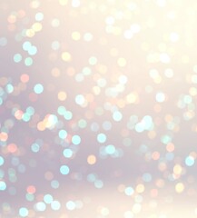 Christmas bokeh abstract background 3d. Golden and blue lights on beige defocus backdrop. Festive delicate pastel texture. 