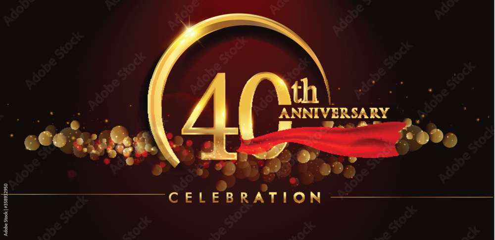 40th anniversary logo with golden ring, confetti and red ribbon ...