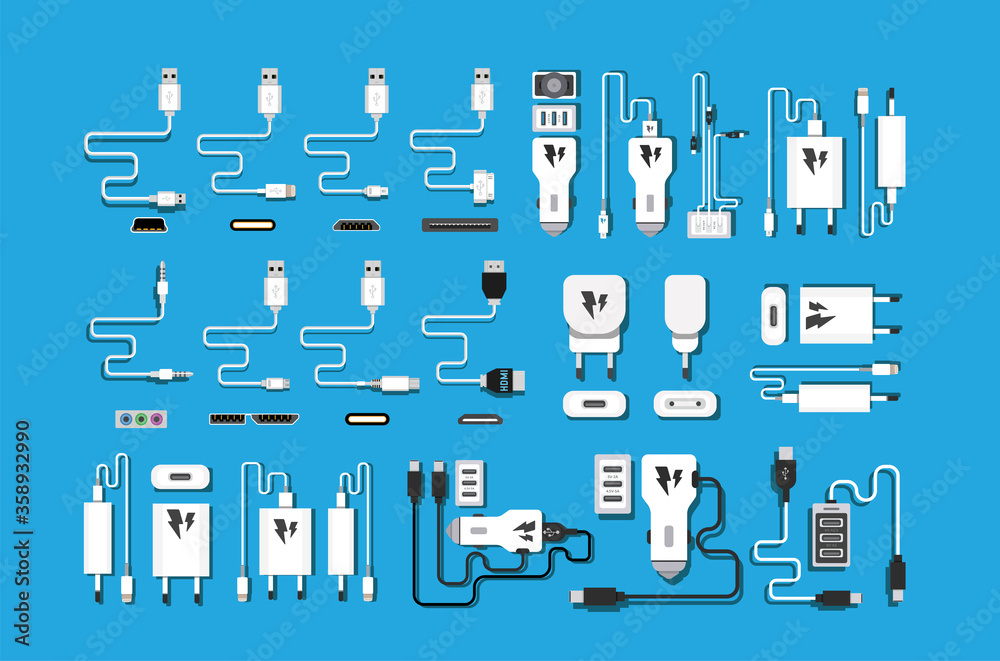 Different types of universal computer cable connectors, cables Type-A ...