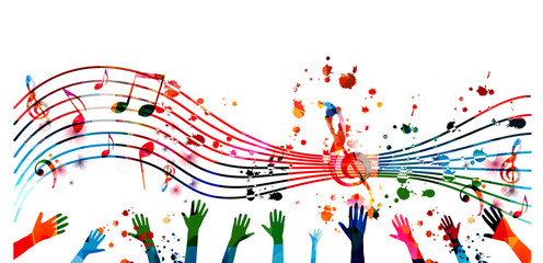 Wall Mural - Music background with colorful G-clef, music notes and hands vector illustration design. Artistic music festival poster, live concert events, party flyer, music notes signs and symbols