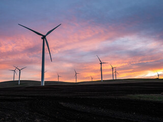 Wind farms at sunset at Waubra in Victoria Australia