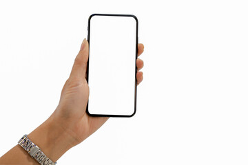 female hand holding smart phone with blank screen.