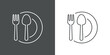 Concepto restaurante. Icono plano lineal cubiertos y plato en fondo gris y fondo blanco