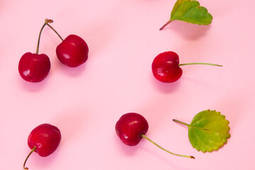 Wall Mural - delicious red cherries on pink background