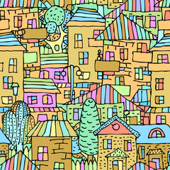  Hand drawn seamless pattern. Vector background. City landscape.