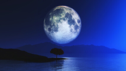 Wall Mural - 3d landscape with tree against moonlit sky