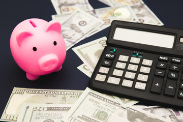 Business, finance, investment, saving and corruption concept - close up of dollar cash money,calculator and piggy bank on table