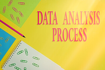 Fototapete - Text sign showing Data Analysis Process. Business photo showcasing build a dashboard and analyze with graphs and visualization Blank paper sheets message pencil clips binders plain colored background