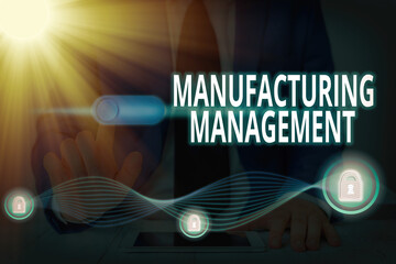 Poster - word writing text manufacturing management. business photo showcasing methods used to define how pro