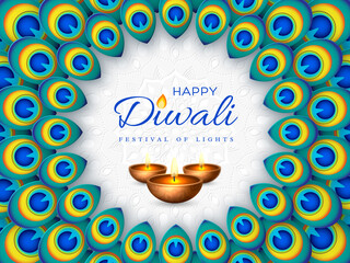 Wall Mural - Diwali festival holiday design with paper cut style of peacock feather and diya - oil lamp. Round frame on white background. Vector illustration.