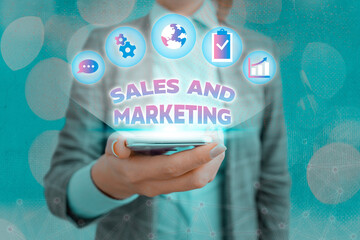 Poster - Text sign showing Sales And Marketing. Business photo showcasing Business Advertising, Promotion, and Commercial Strategy