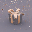 Beautiful gift box with golden bow and ribbons on grey background, falling confetti. 3D illustration. Square image.