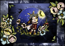 Fairytale Cute Little Girl With Bunny Ears, Loose Hair And Flower Wreath On Her Head Walking Night On The Grass Under The Starry Sky And The Moon Among The Tall Grass, Beautiful Flowers And Mushrooms.