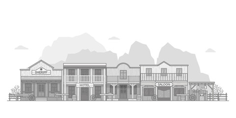 Wild west town landscape. Old western themed background for your projects. Monochrome vector illustration.