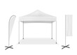 Pop-up mobile tent with event flags, vector mockup. Exhibition mock-up set. Blank white template for business branding design