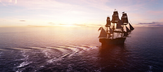 Wall Mural - Pirate ship sailing on the ocean at sunset