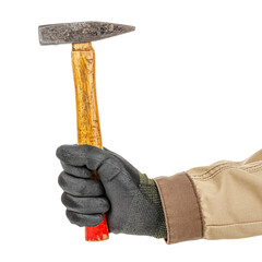 Wall Mural - Worker hand in black protective glove and brown uniform holds steel hammer with wooden handle isolated on white background