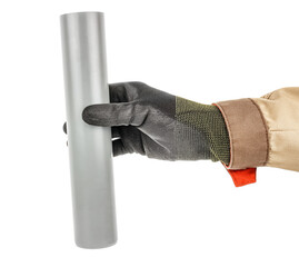 Wall Mural - Plumber hand in black protective glove and brown uniform holding grey plastic sewer pipe isolated on white background