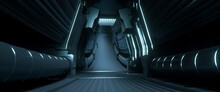 Futuristic Tunnel. Space Ship Corridor. Gloomy Cyberpunk Scene. Future Concept. 3D Illustration. Dark Industrial Wallapaper.	