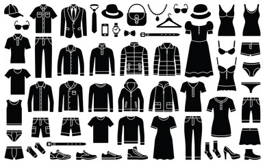 Wall Mural - Woman and man clothes and accessories collection - fashion wardrobe - vector icon silhouette illustration