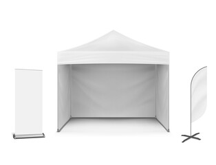 Pop-up marquee tent with event flag and roll-up banner stand, vector mockup. Exhibition set. Blank white template for business branding design
