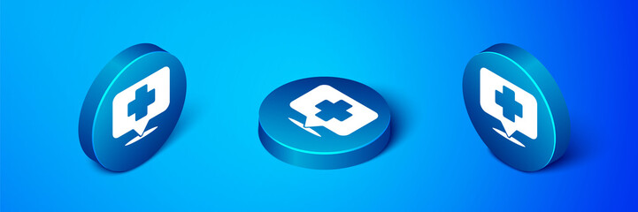 Sticker - Isometric Medical map pointer with cross hospital icon isolated on blue background. Blue circle button. Vector Illustration.