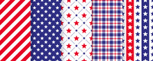 Patriotic Seamless Pattern. 4th July Backgrounds. Vector. Happy Independence Textures. Set Of Holiday Geometric Prints With Stars, Stripes And Plaid. Simple Modern Endless Illustration.