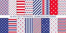 4th July Seamless Pattern. Patriotic Textures. Vector. Happy Independence Day Prints With Stripes, Stars, Zigzag And Triangles. Set Of USA Flag Geometric Backgrounds. Simple Modern Illustration.