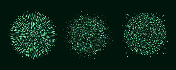 Poster - Round backgrounds set, collection. Dark, forest green color sphere shape, circle made of drops, uneven dots, paint splashes, specks, tiny spots, blobs. Radial templates, eco, vegan design elements.