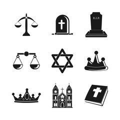 religion icon set with holy bible, church, grave, libra