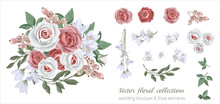 Vector Floral Set With Leaves And Flowers. Elements For Your Compositions, Greeting Cards Or Wedding Invitations. Red And White Roses, Berries And White Flowers
