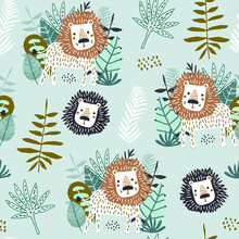Seamless Jungle Pattern With Funny Lions And Tropical Elements. Creative Kids For Fabric, Wrapping, Textile, Wallpaper, Apparel. Vector Illustration
