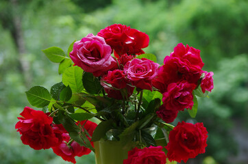 Wall Mural - A bouquet of red roses in a green vase standing on a windowsill.
