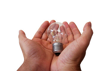 two hands holding a incandescent light bulb isolated on a white background, incandescent lamp, incan