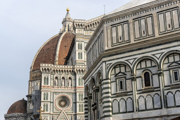 Details of Cathedral of Saint Mary of the Flower, called Cattedrale di Santa Maria del Fiore in Florence Tuscany. Also known Cathedral of Florence or Duomo Di Firenze.