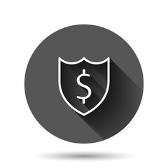 Shield with money icon in flat style. Cash protection vector illustration on black round background with long shadow effect. Banking circle button business concept.